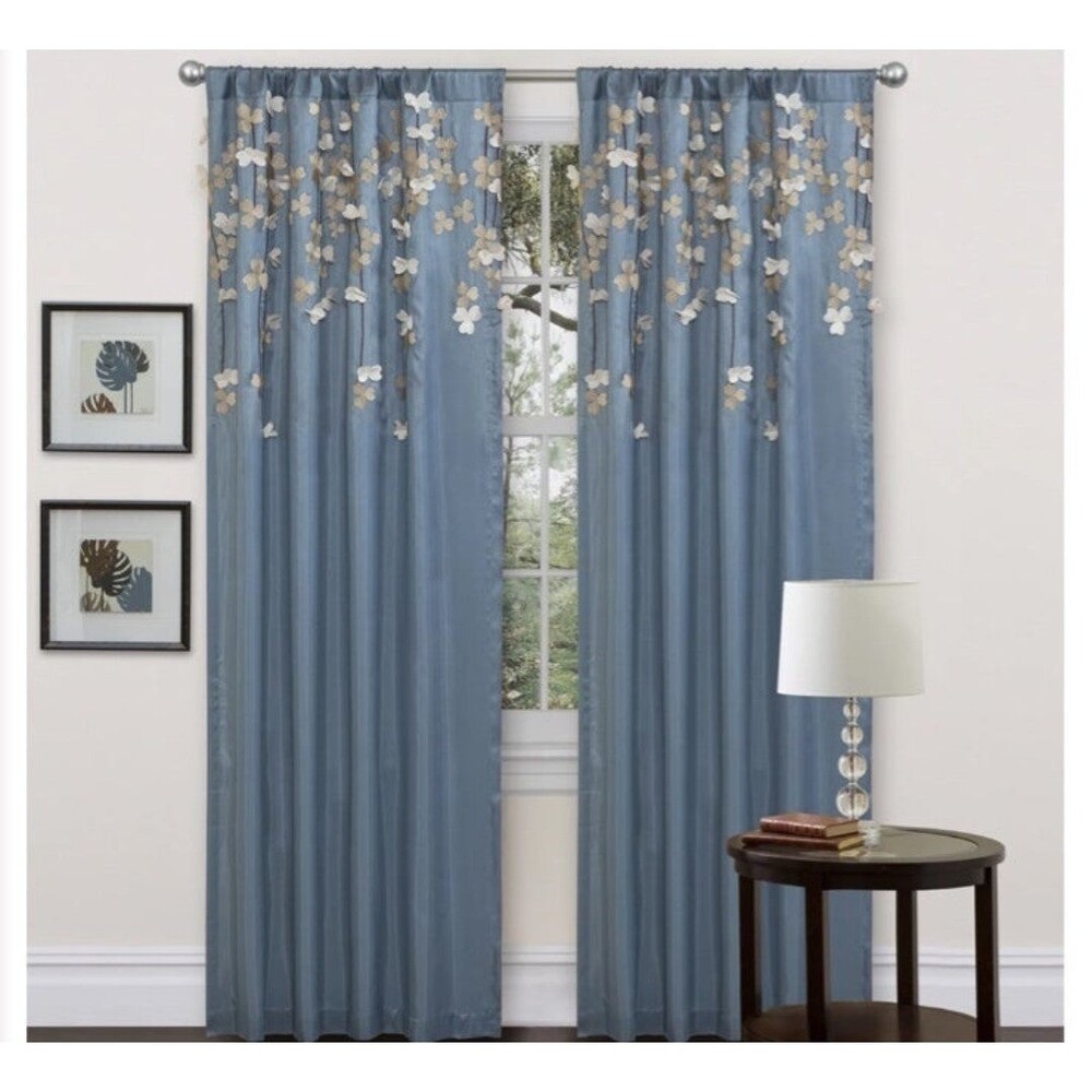 Lush decor blue and beige cascading petals flower drop one window panel 42x84